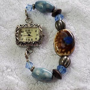 Beehive Swap Stone Bracelet Blue Beaded Stretchy Band Wristwatch